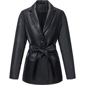 Women Black Leather Blazer Jacket Vegan leather Lapel Button Down Casual Coat